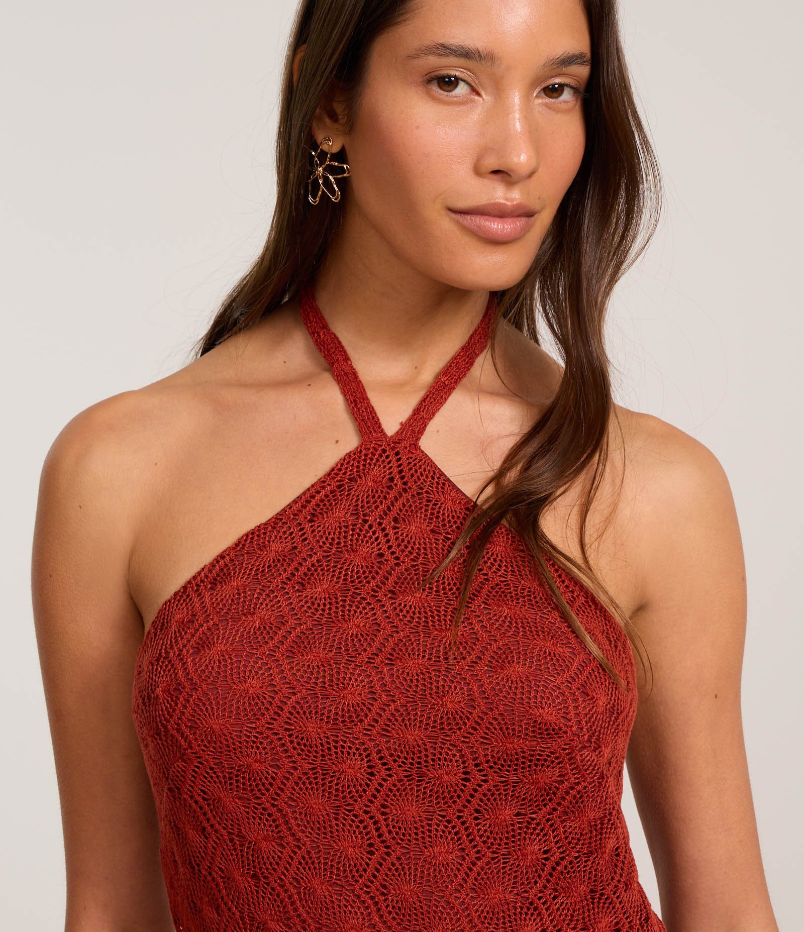 Vestido Reto Long Midi em Renda Frente Única Vermelho 3