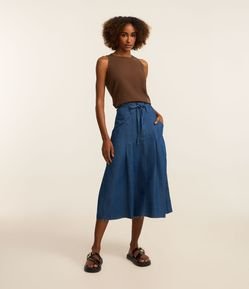 Saia Evasê em Jeans com Cós e Barra Desfiados