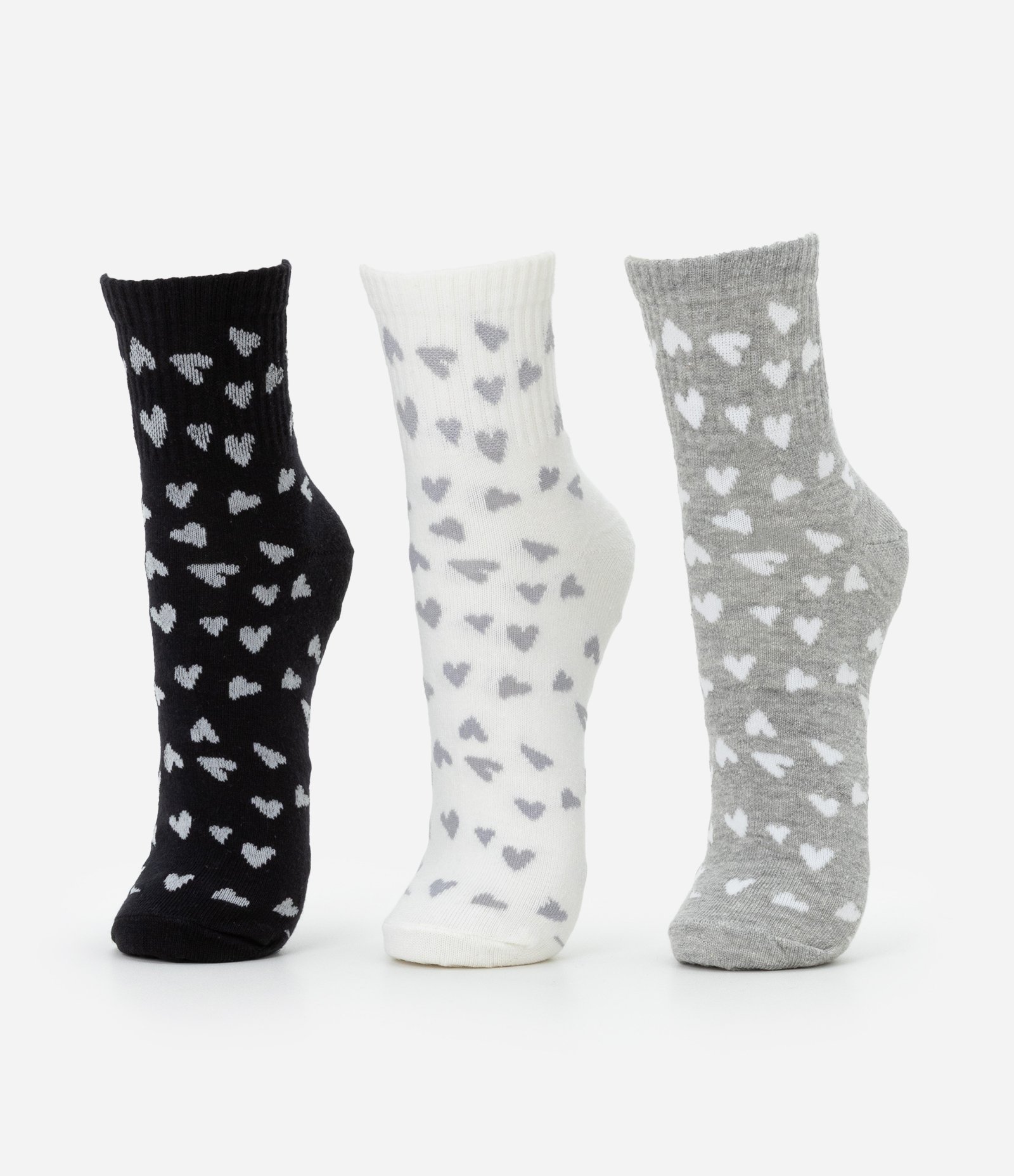 Kit 03 Meias Cano Alto em Algodão com Estampa de Corações Cinza/Branco/Preto 1