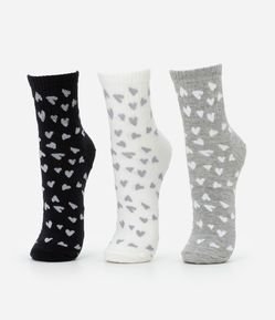 Kit 03 Meias Cano Alto em Algodão com Estampa de Corações