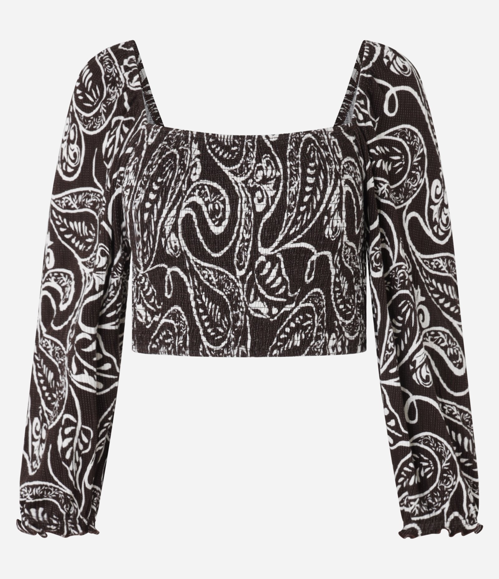 Blusa Cropped Texturizado com Lastex no Corpo e Estampa Paisley Preto 7