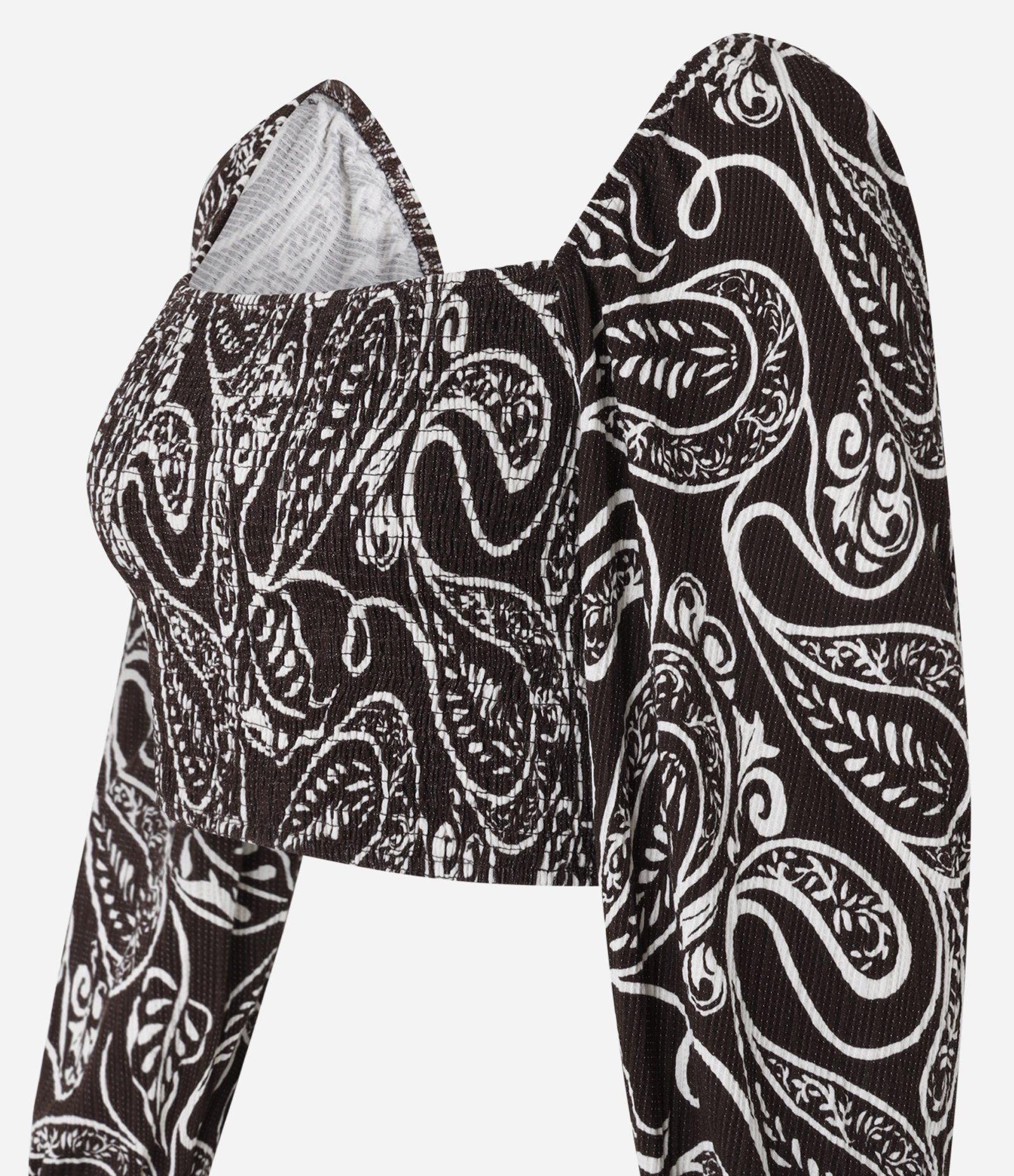 Blusa Cropped Texturizado com Lastex no Corpo e Estampa Paisley Preto 8
