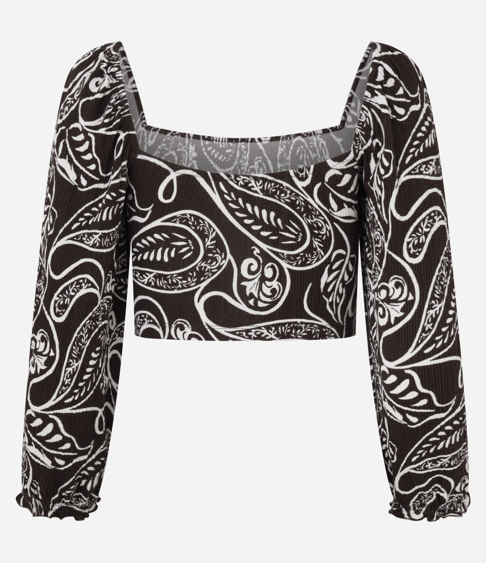 Blusa Cropped Texturizado com Lastex no Corpo e Estampa Paisley Preto 9