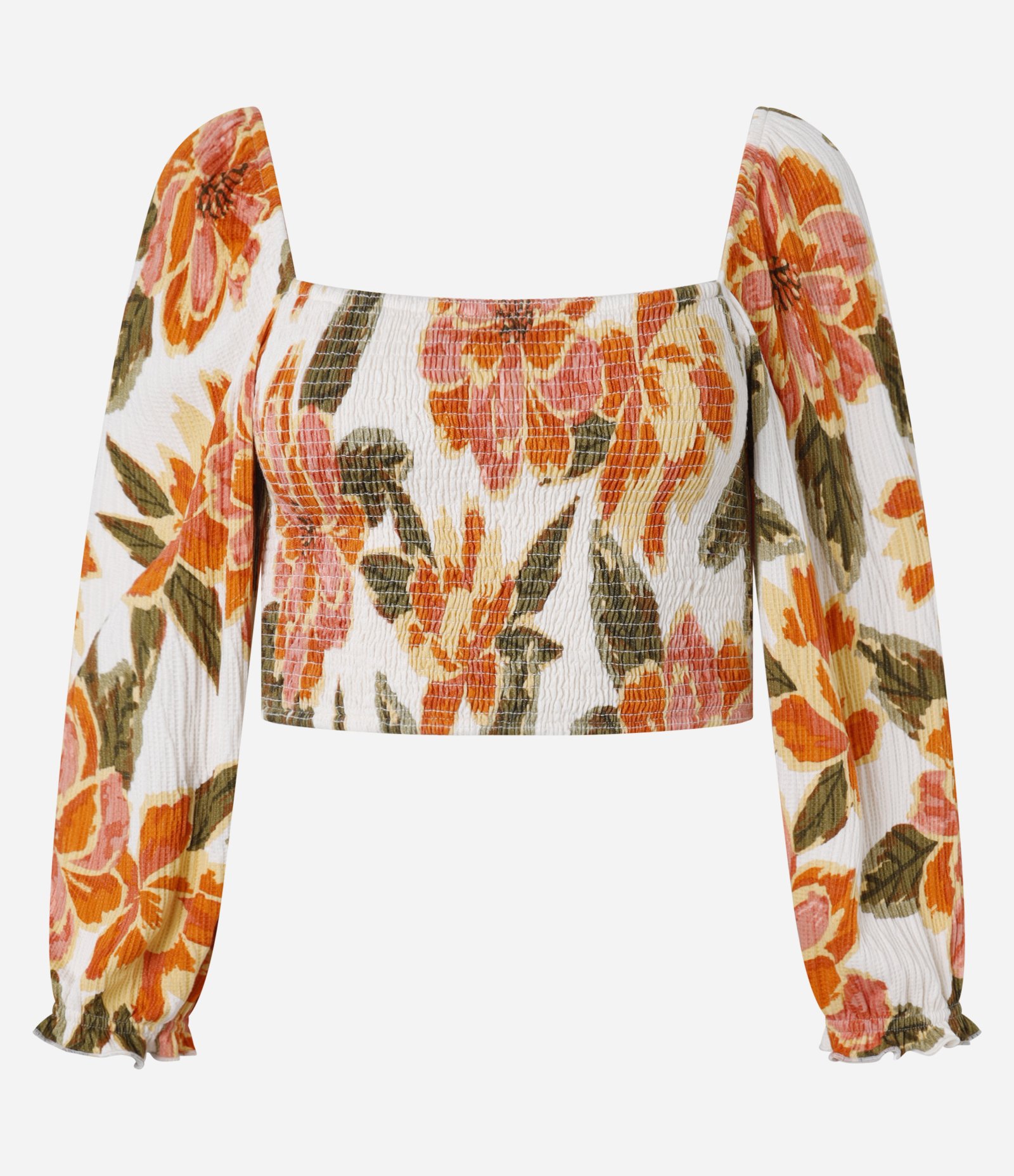 Blusa Cropped Texturizado com Lastex no Corpo e Estampa Floral Laranja 4