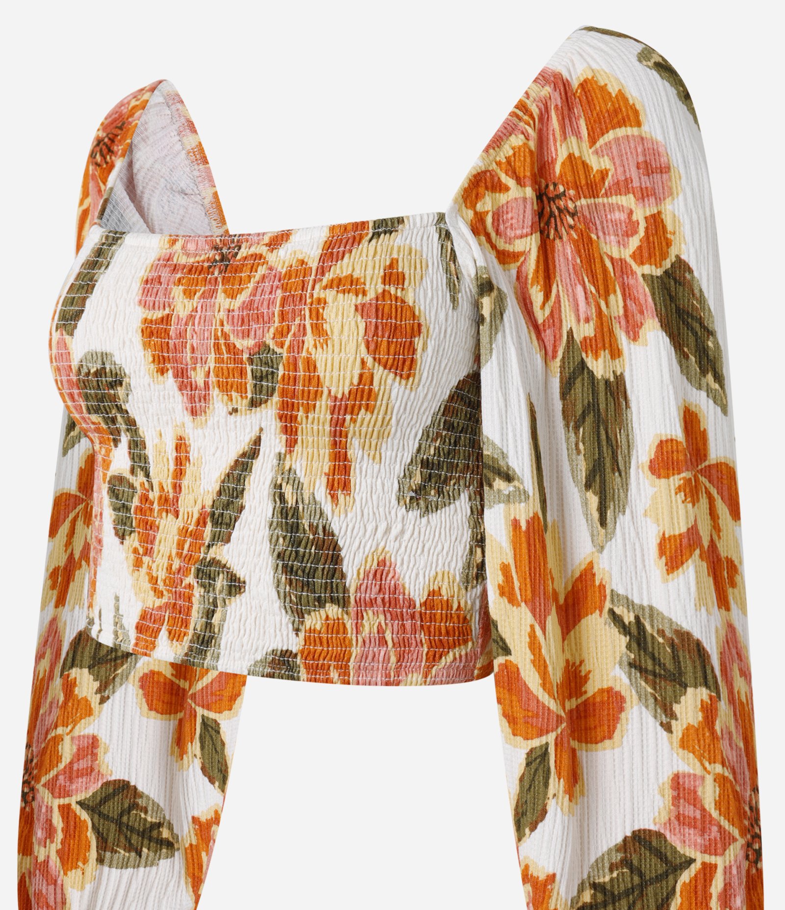Blusa Cropped Texturizado com Lastex no Corpo e Estampa Floral Laranja 5