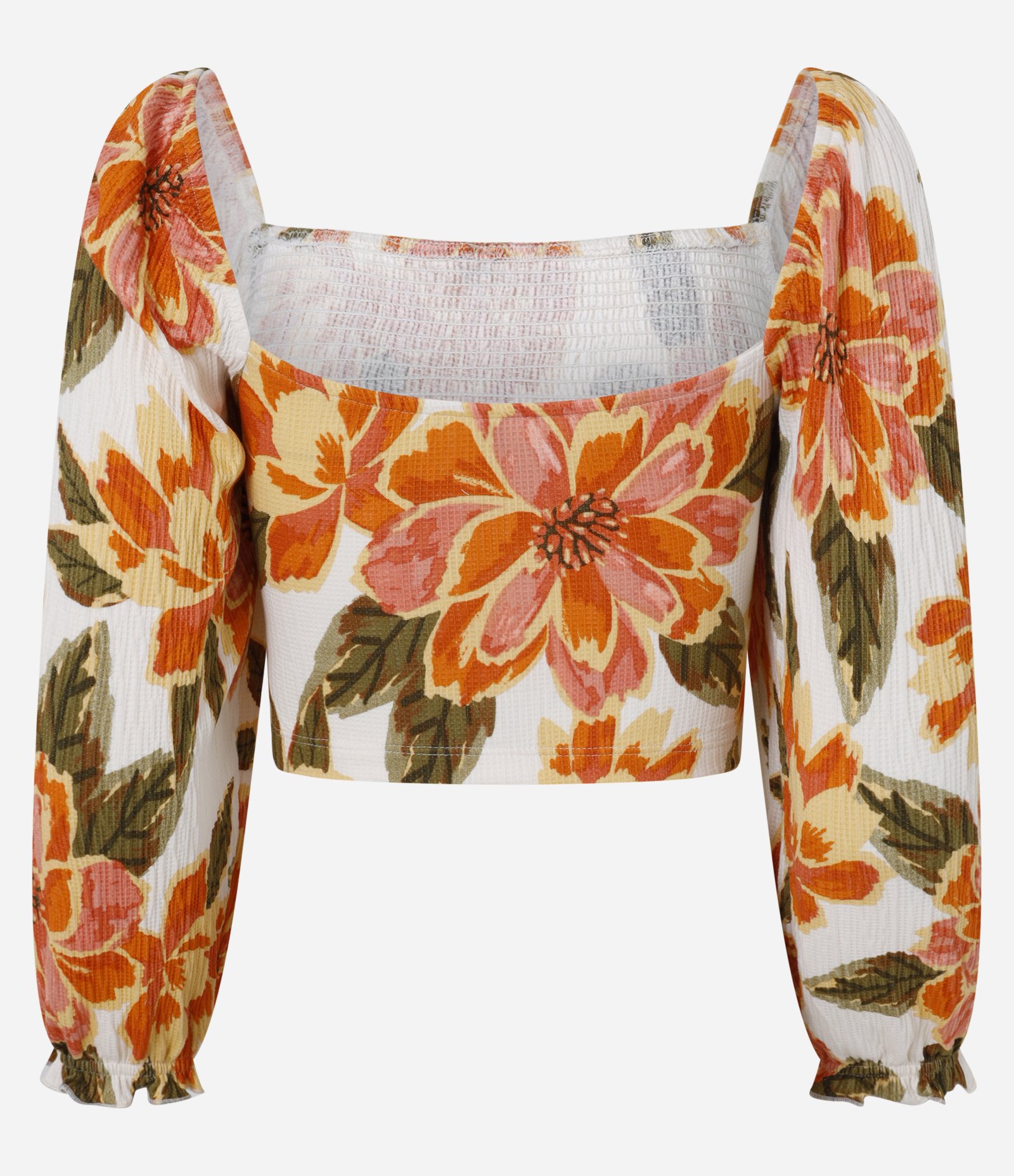 Blusa Cropped Texturizado com Lastex no Corpo e Estampa Floral Laranja 6
