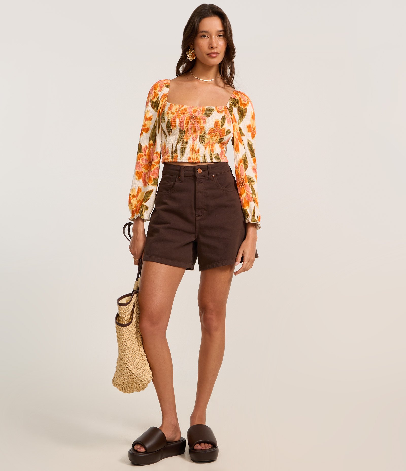 Blusa Cropped Texturizado com Lastex no Corpo e Estampa Floral Laranja 2