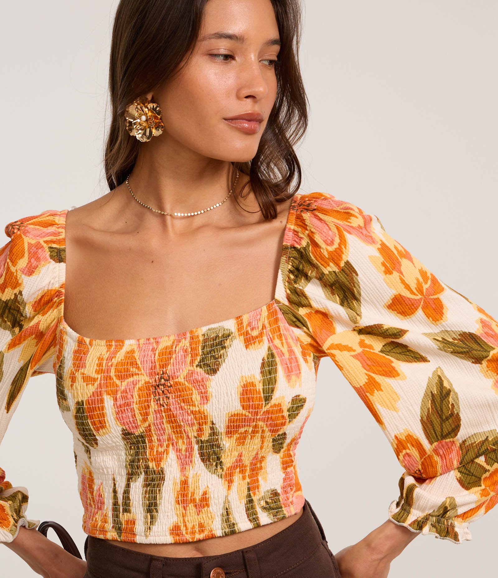 Blusa Cropped Texturizado com Lastex no Corpo e Estampa Floral Laranja 3