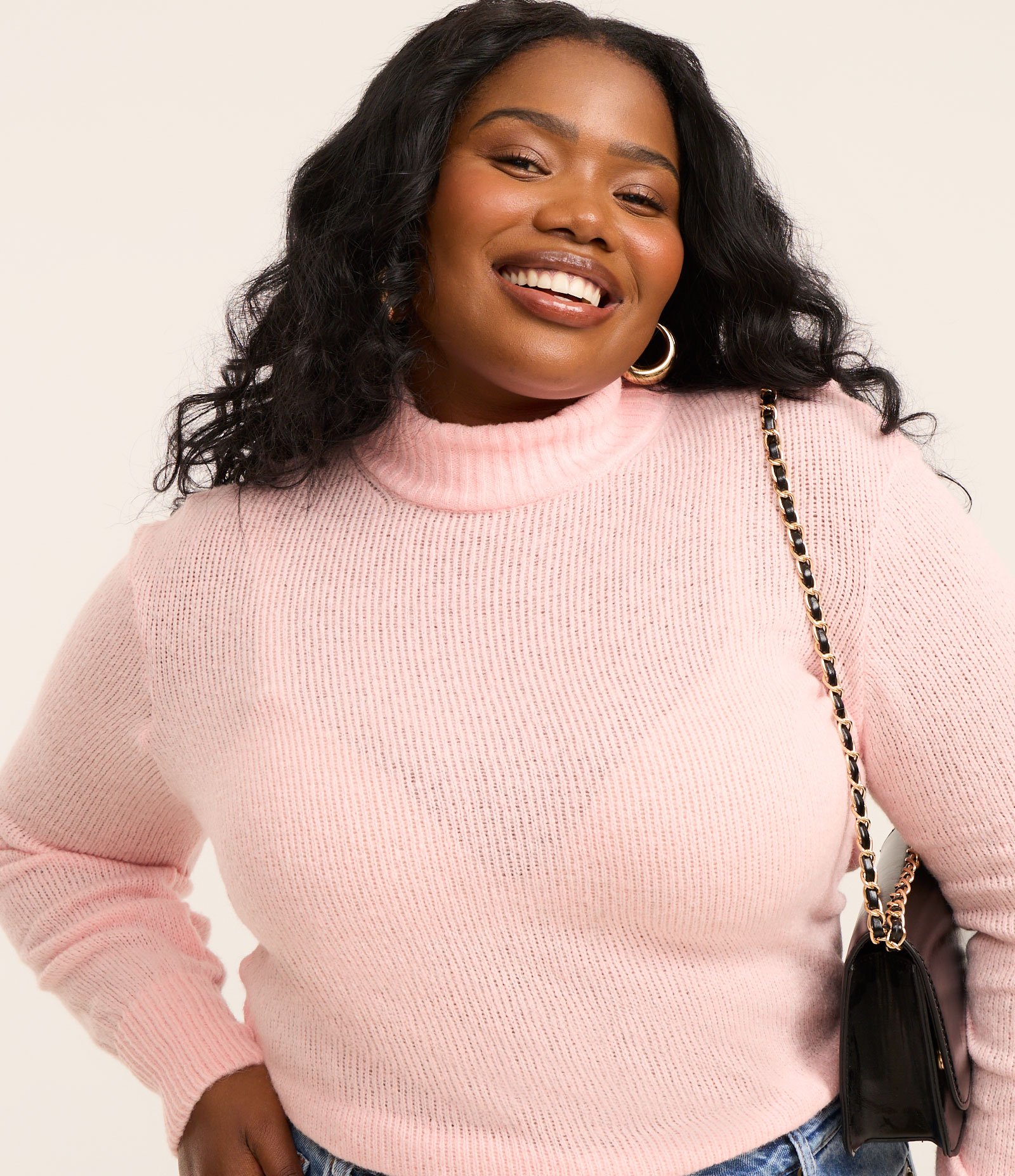 Suéter em Tricô com Gola Alta e Manga Bufante Curve & Plus Size Rosa 3