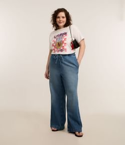 Calça Wide Leg em Jeans Amarração no Cós Curve & Plus Size