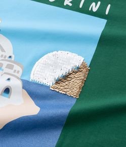 Camiseta em Algodão com Estampa Santorini e Detalhes de Paetê Curve & Plus Size