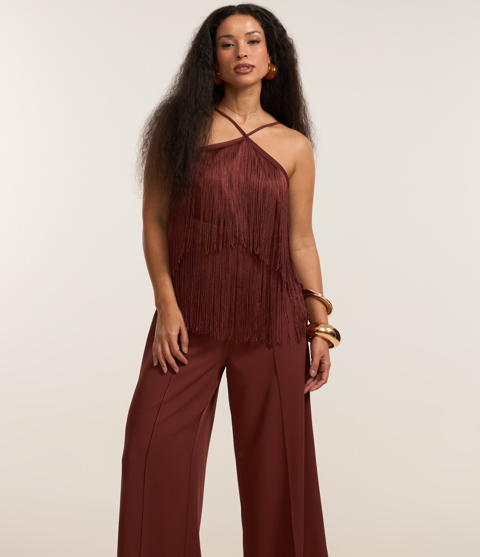 Calça Pantalona em Crepe com Friso Frontal Marrom 2