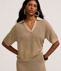 Blusa em Tricô com Gola Polo e Fio Metalizado
