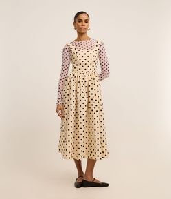 Vestido Midi Evasê em Tricoline Poá com Lastex nas Costas