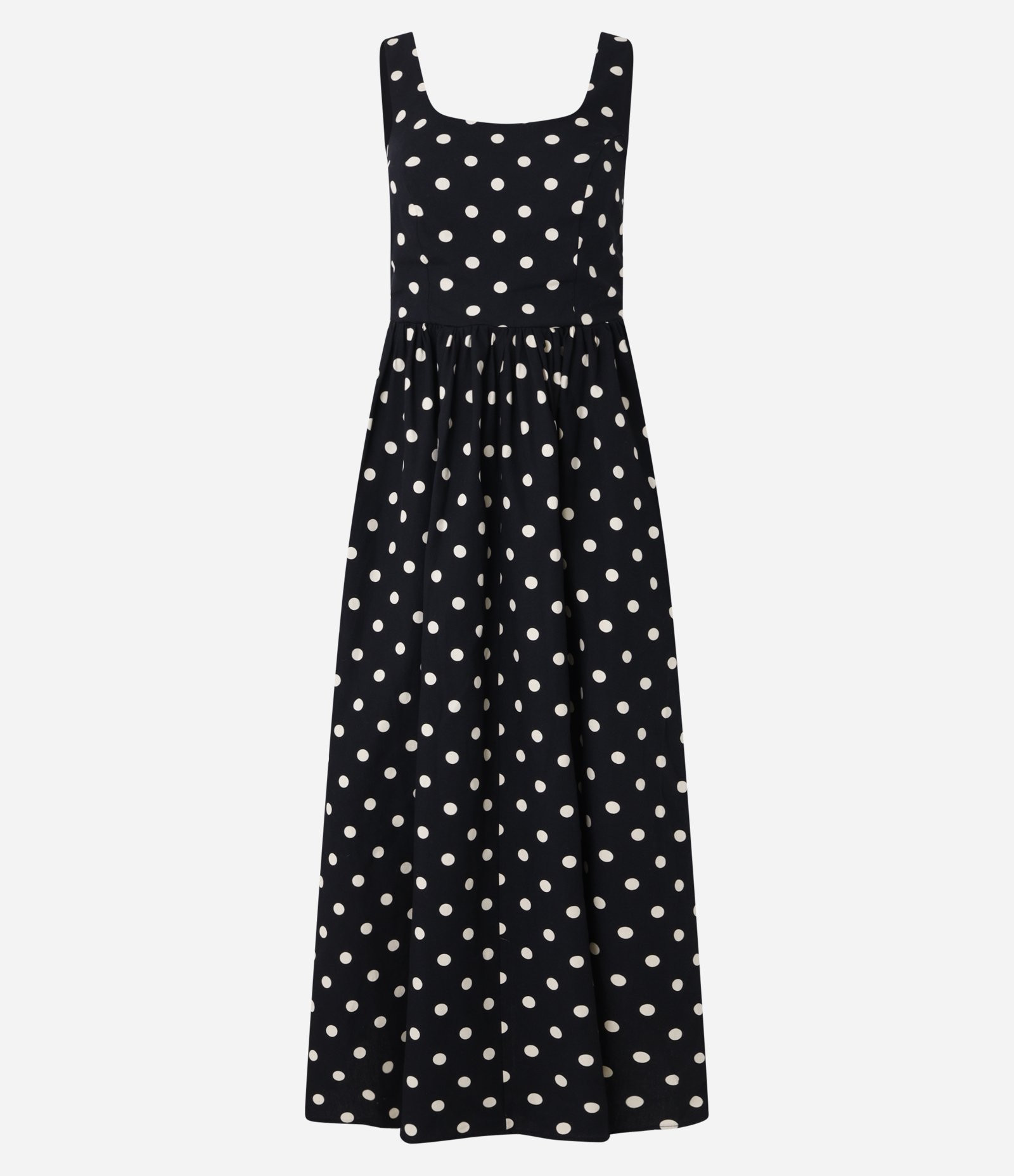 Vestido Midi Evasê em Tricoline Poá com Lastex nas Costas Preto 5