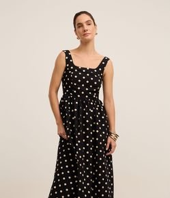 Vestido Midi Evasê em Tricoline Poá com Lastex nas Costas