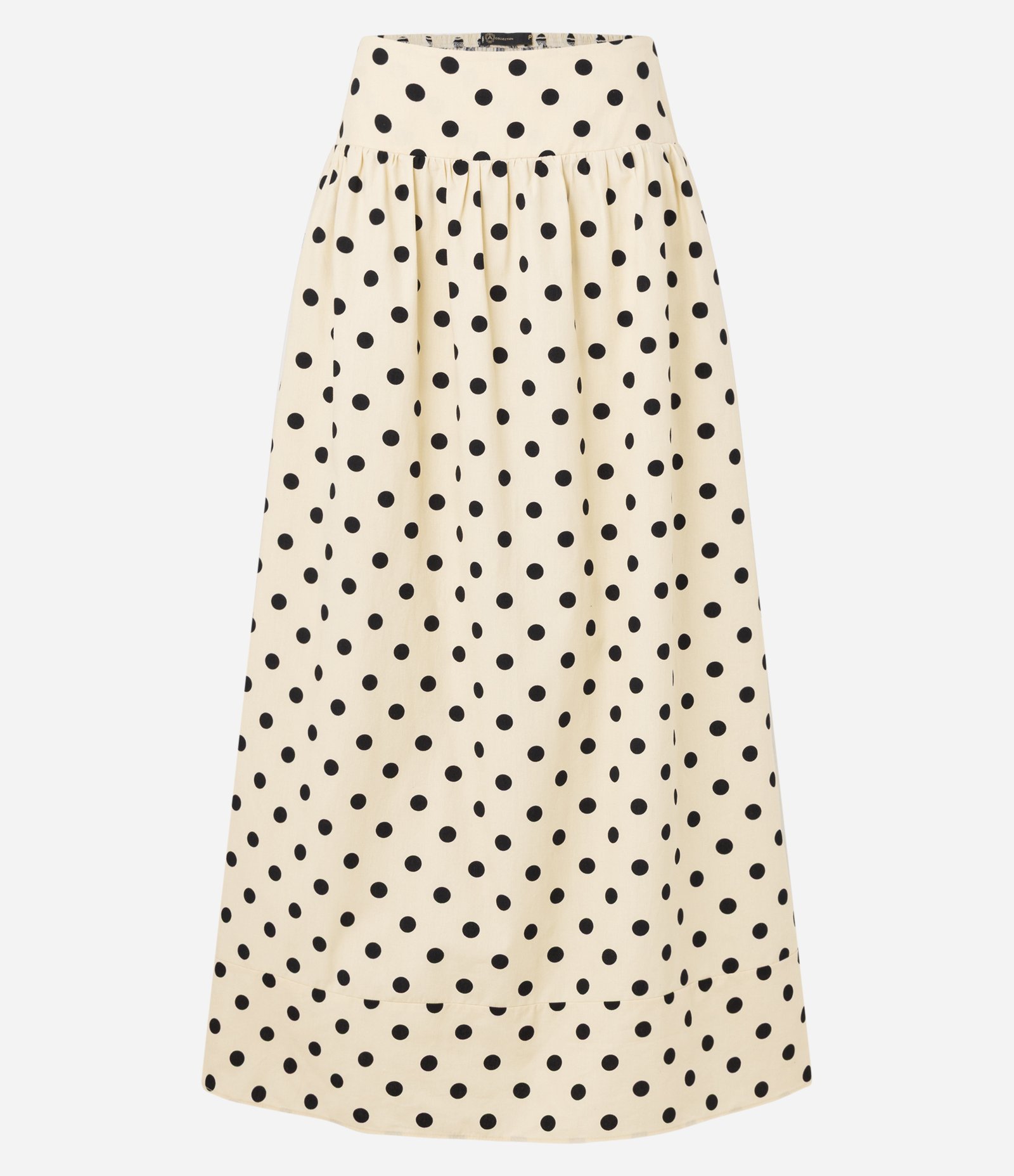 Saia Evasê Midi em Tricoline com Cós Largo e Estampa Poá Bege 5