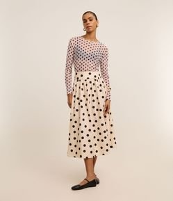 Saia Evasê Midi em Tricoline com Cós Largo e Estampa Poá