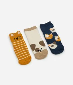Kit 03 Pares de Meias Infantis com Estampa de Bichinhos  - Tam 0 a 12 Meses