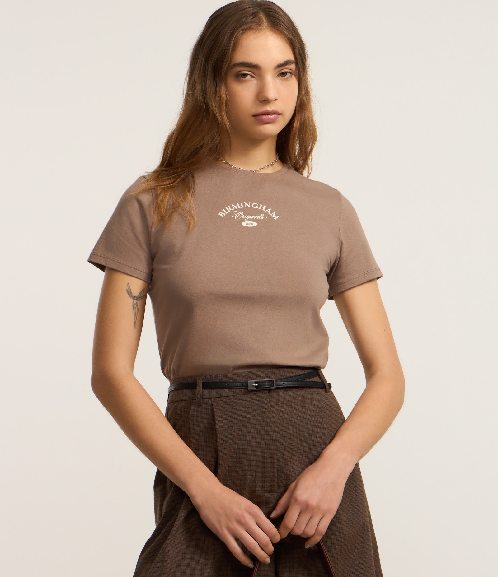 Blusa Baby Look em Algodão com Lettering Birmingham Marrom 3