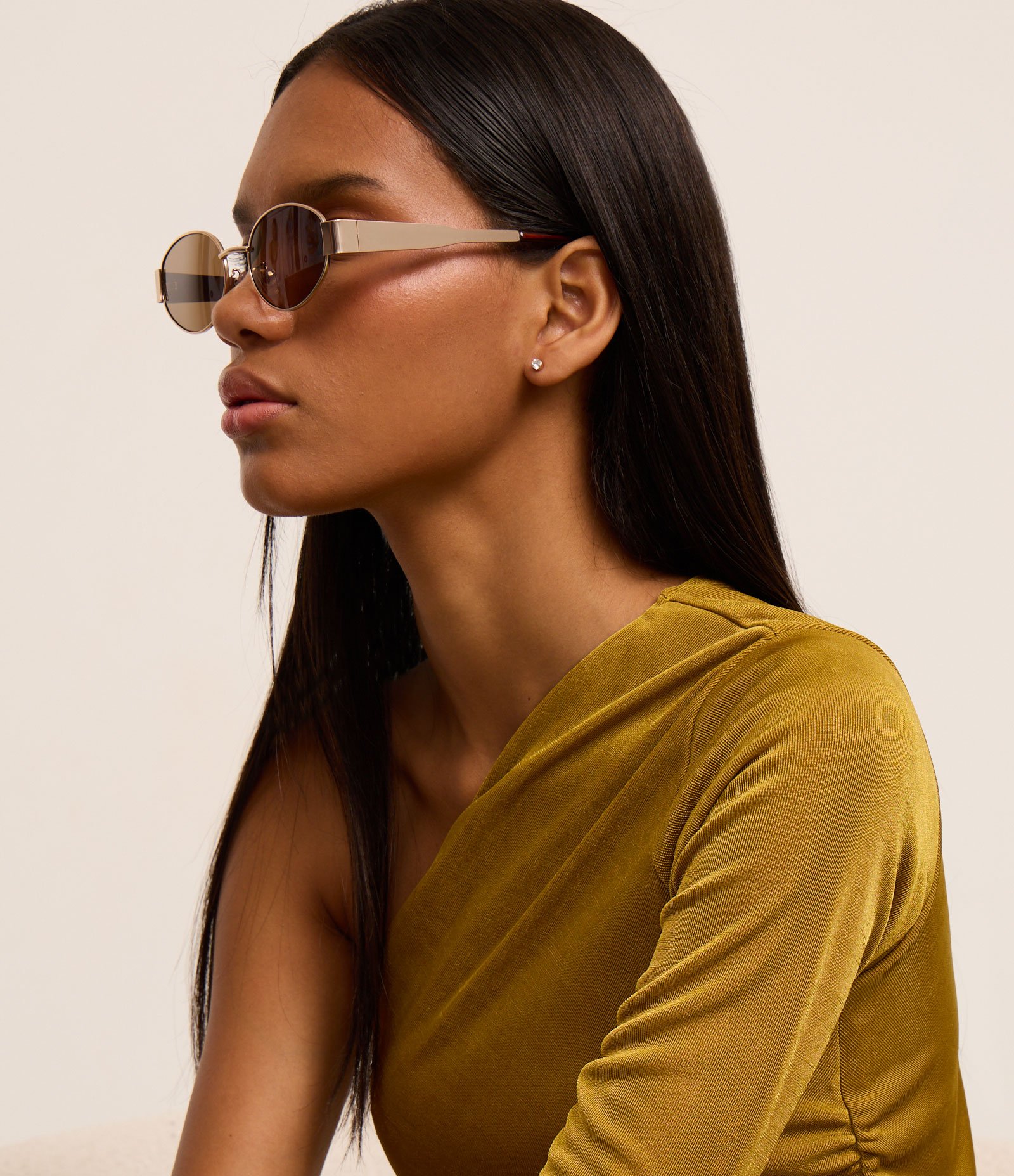 Óculos de Sol Redondo com Hastes Largas Dourado 5