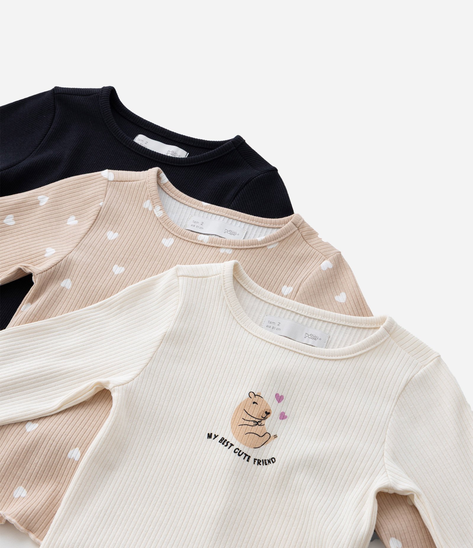 Kit 03 Blusas Infantis em Ribana com Estampa Capivara - Tam 1 a 6 Anos Preto/Rosa/Bege 8