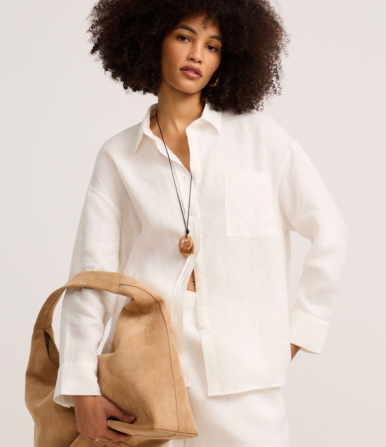 Camisa Oversized em Linho com Bolso no Peito Off White 1