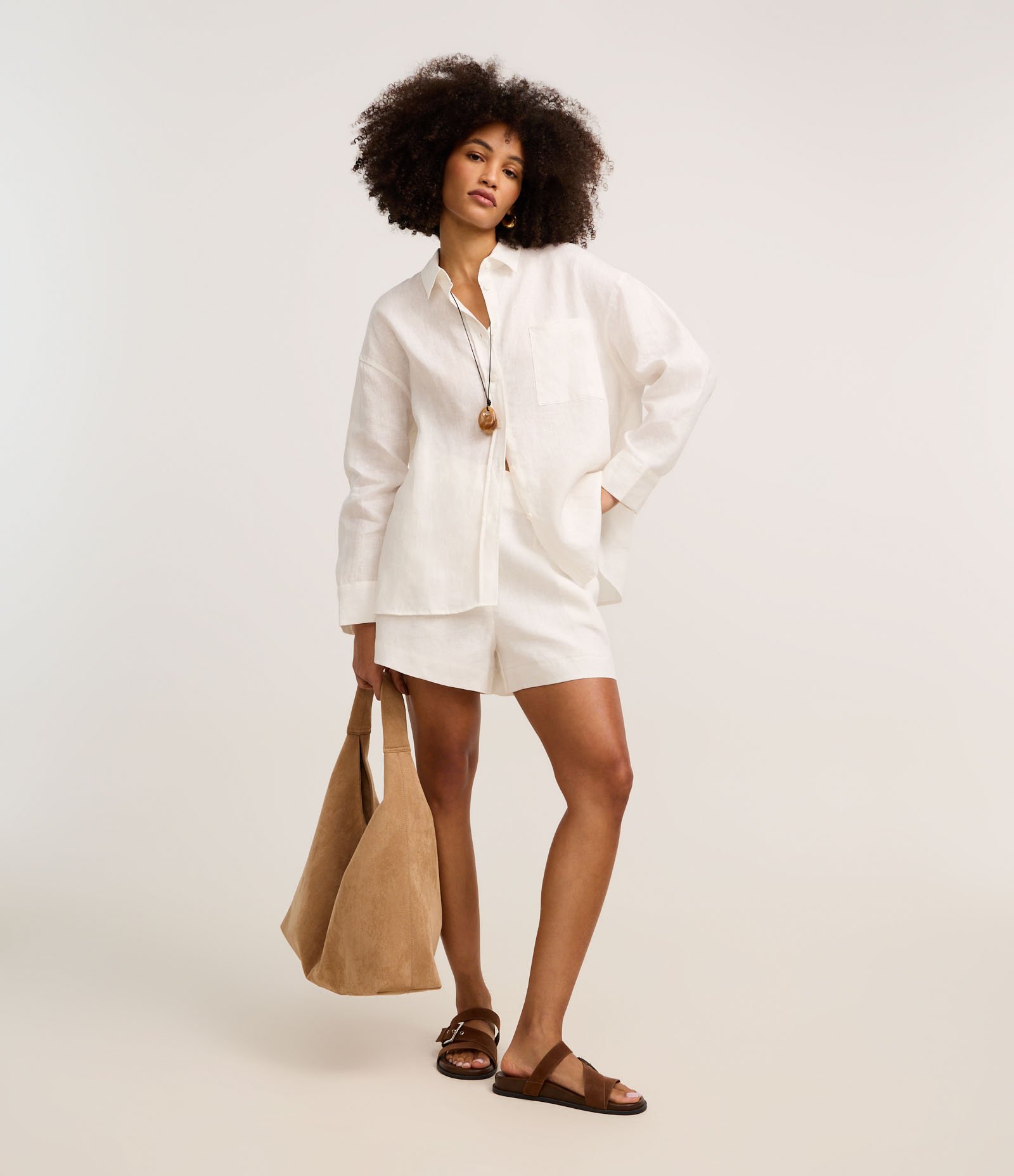 Camisa Oversized em Linho com Bolso no Peito Off White 2