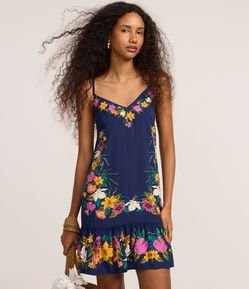 Vestido Evasê Curto de Alça em Viscose com Estampa Floral