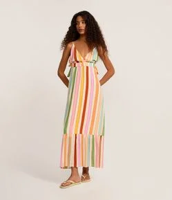 Vestido Evasê Long Midi em Chalis com Estampa de Listras