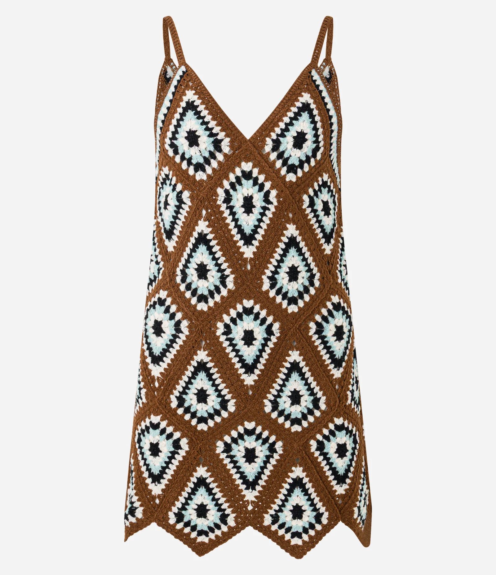 Vestido Curto em Tricô Geométrico Efeito Crochê Marrom 1