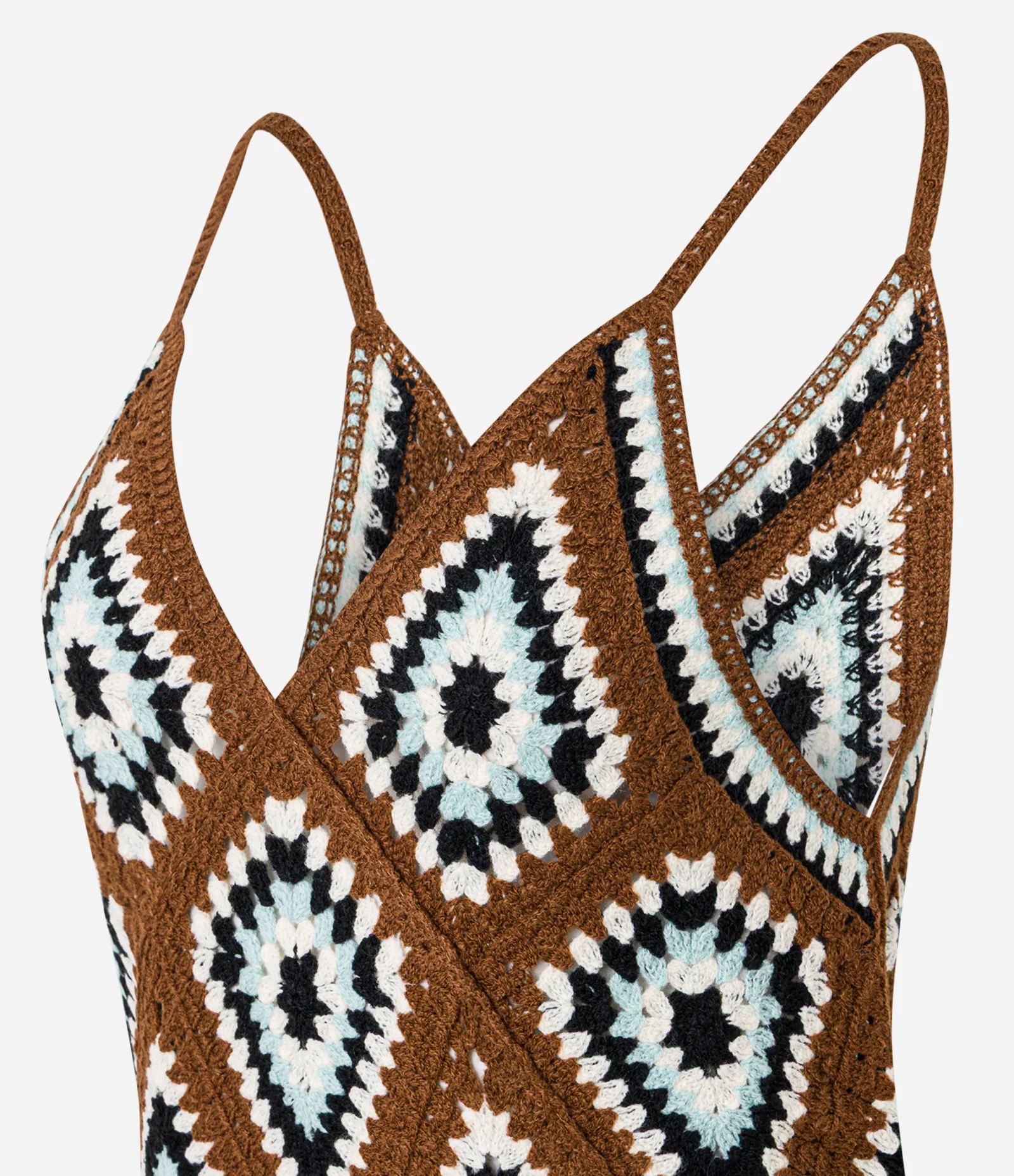 Vestido Curto em Tricô Geométrico Efeito Crochê Marrom 2