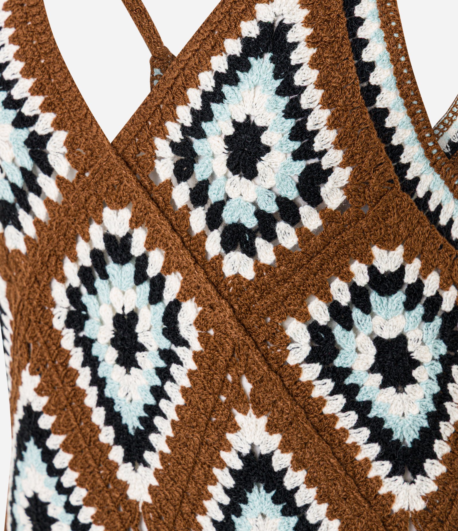 Vestido Curto em Tricô Geométrico Efeito Crochê Marrom 3