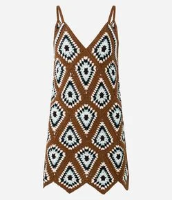 Vestido Curto em Tricô Geométrico Efeito Crochê