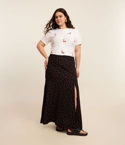 Saia Midi em Crepe com Cerejinhas e Fenda Curve & Plus Size