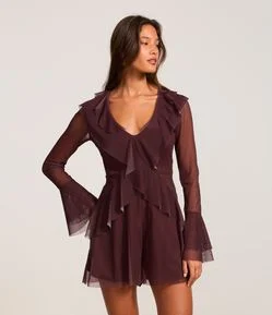 Macaquinho em Tule com Babados e Recorte Gota nas Costas