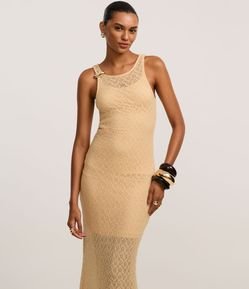 Vestido Long Midi em Renda com Ponto Vazado
