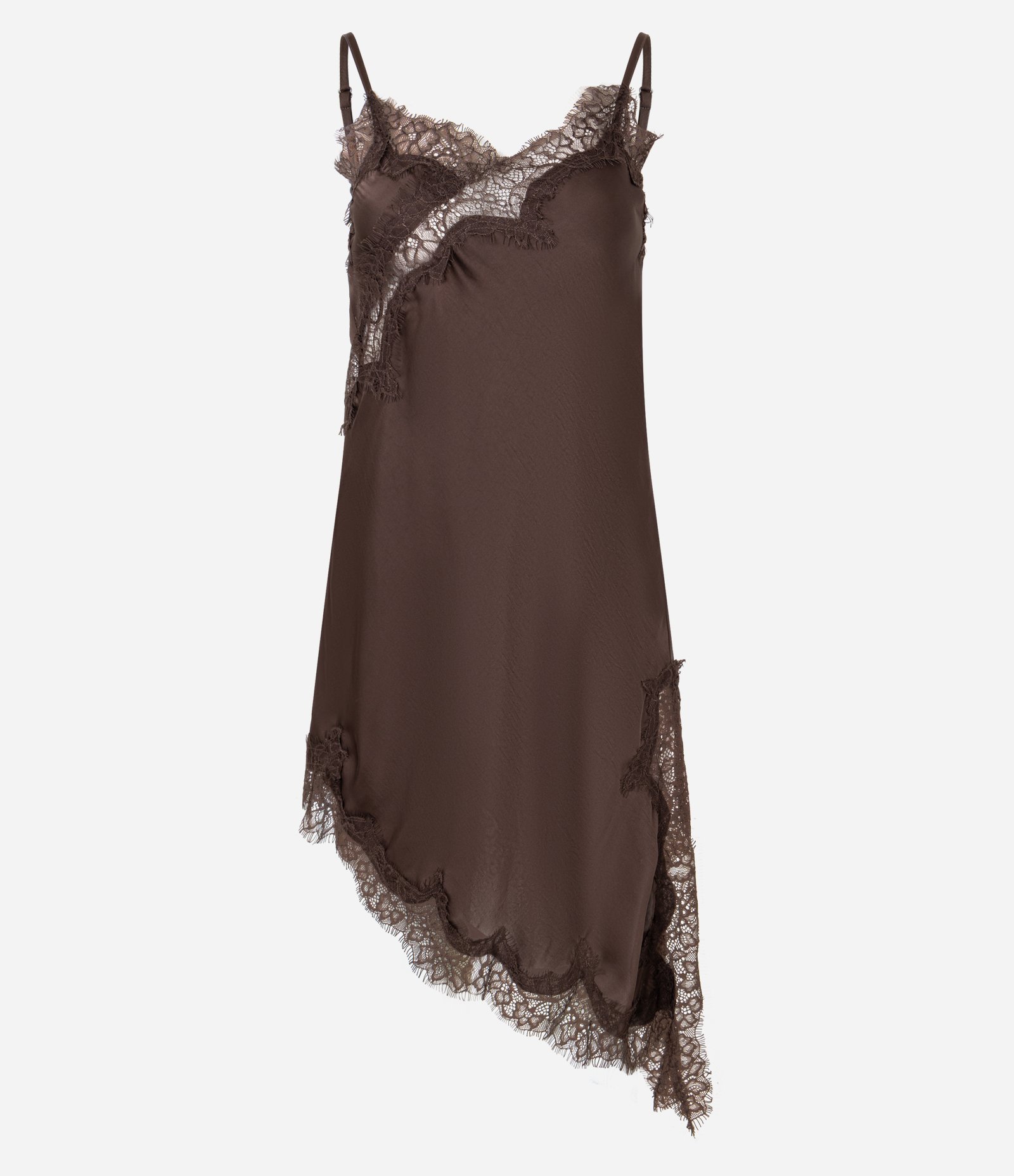 Vestido Curto Assimétrico em Cetim com Renda no Busto Marrom 3