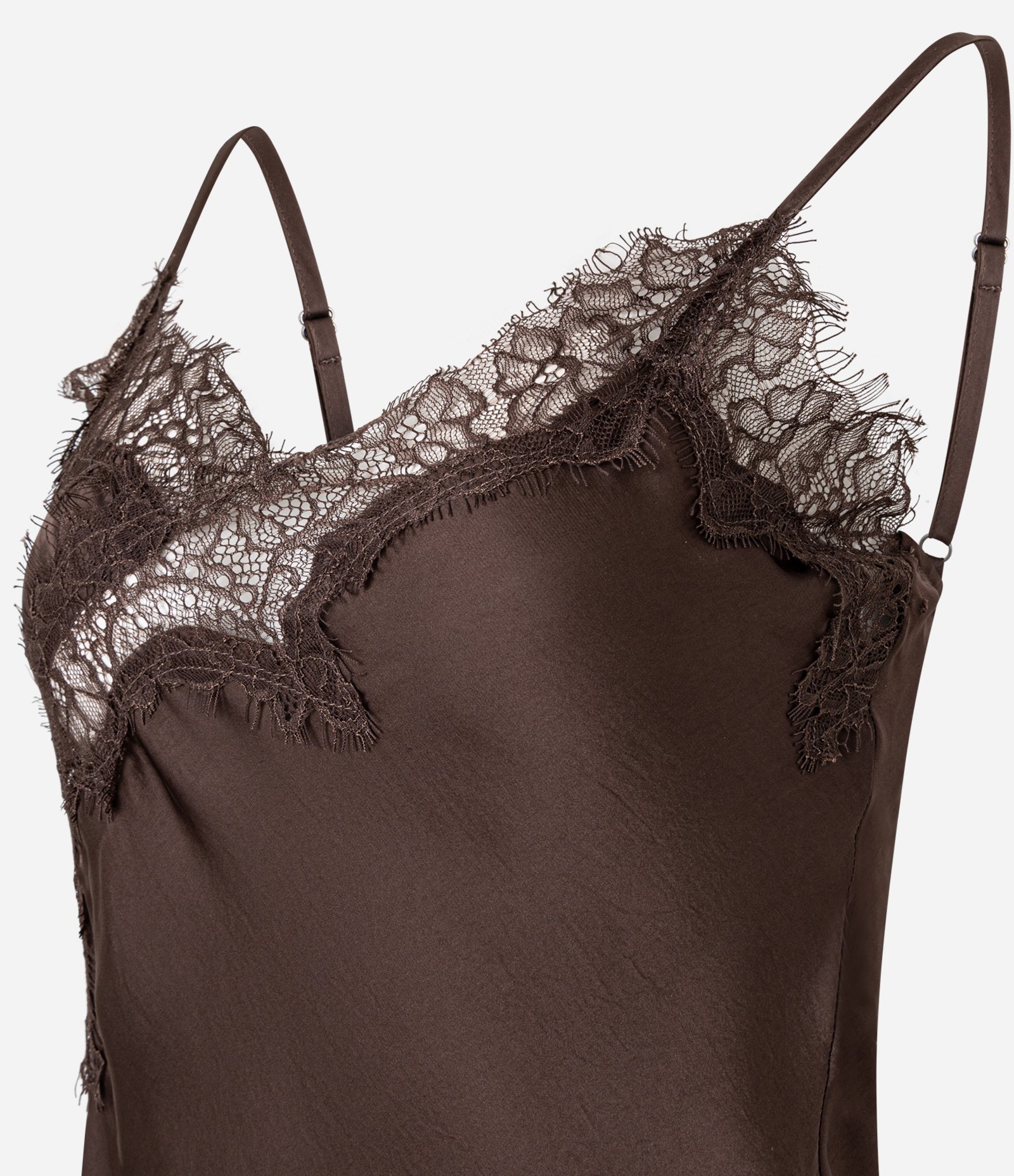 Vestido Curto Assimétrico em Cetim com Renda no Busto Marrom 4