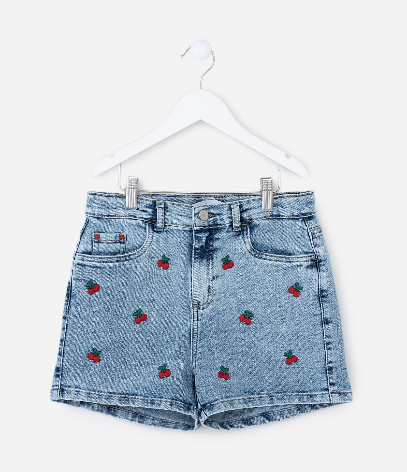Short Infantil em Jeans com Bordado de Cerejas - Tam 5 a 14 Anos Azul 1