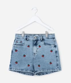 Short Infantil em Jeans com Bordado de Cerejas - Tam 5 a 14 Anos
