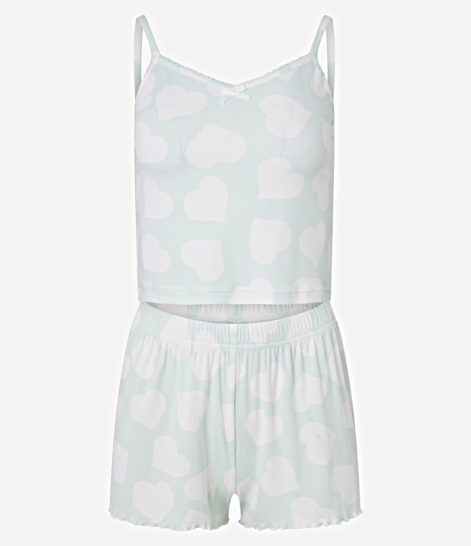 Pijama Short Doll em Ribana com Estampa de Coração e Alcinhas Verde Claro 4