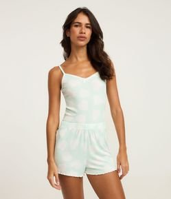 Pijama Short Doll em Ribana com Estampa de Coração e Alcinhas