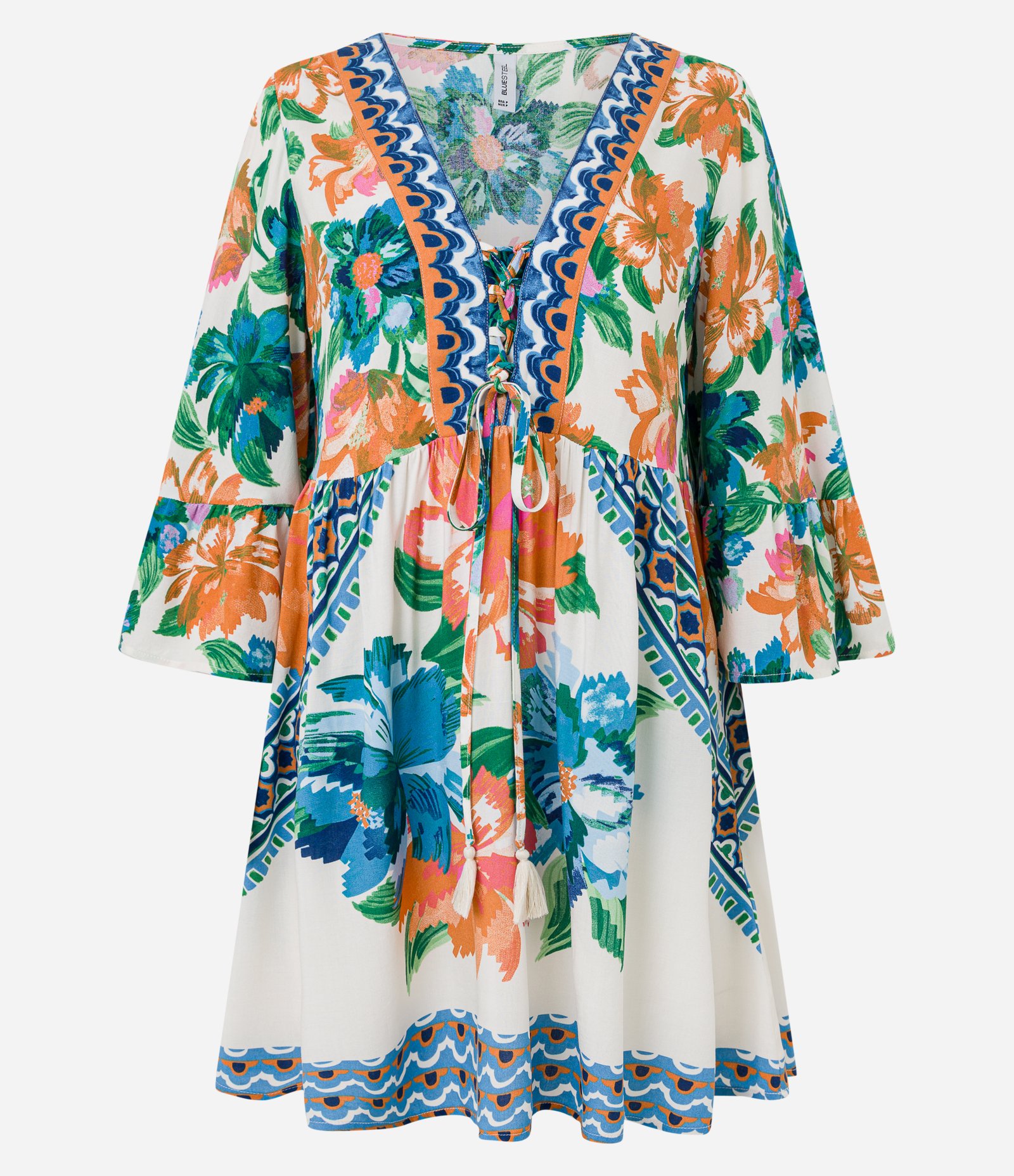 Vestido Curto Bata em Viscose com Estampa Floral e Manga 3/4 Multicores 6