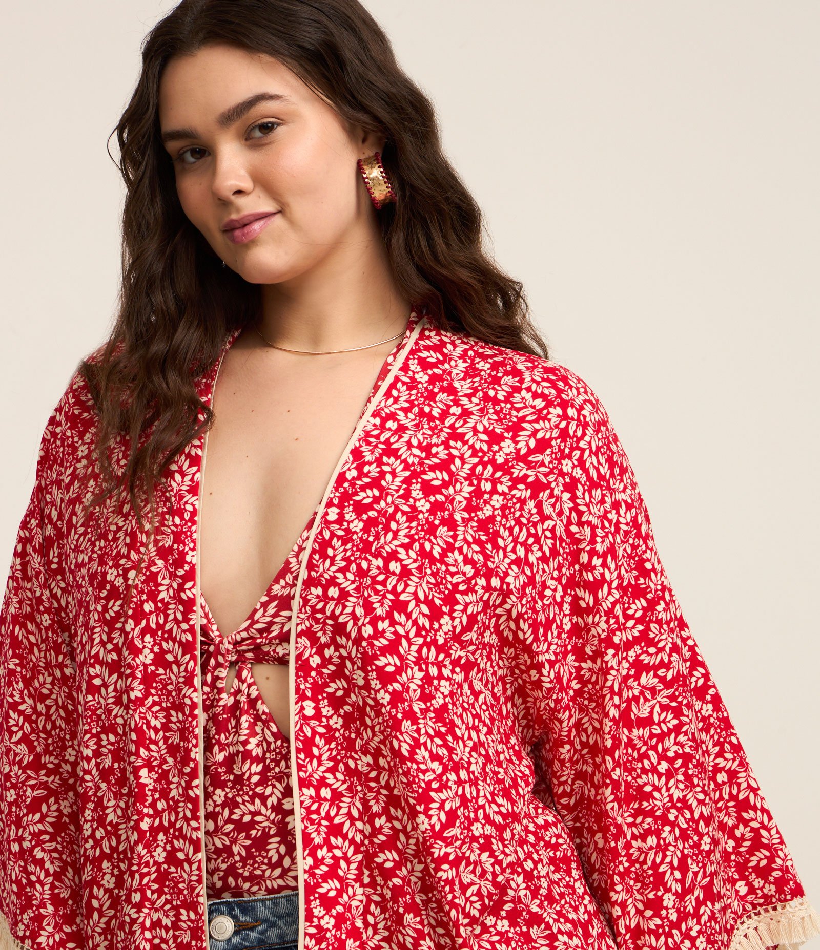 Kimono em Viscose com Estampa Liberty Curve & Plus Size Vermelho 3