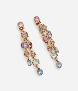 Brinco Fio com Strass Colorido e Parte Removível em Banho Dourado