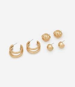 Kit Brincos Argola Super Bold, Botão Leque e Tripla em Metal Dourado