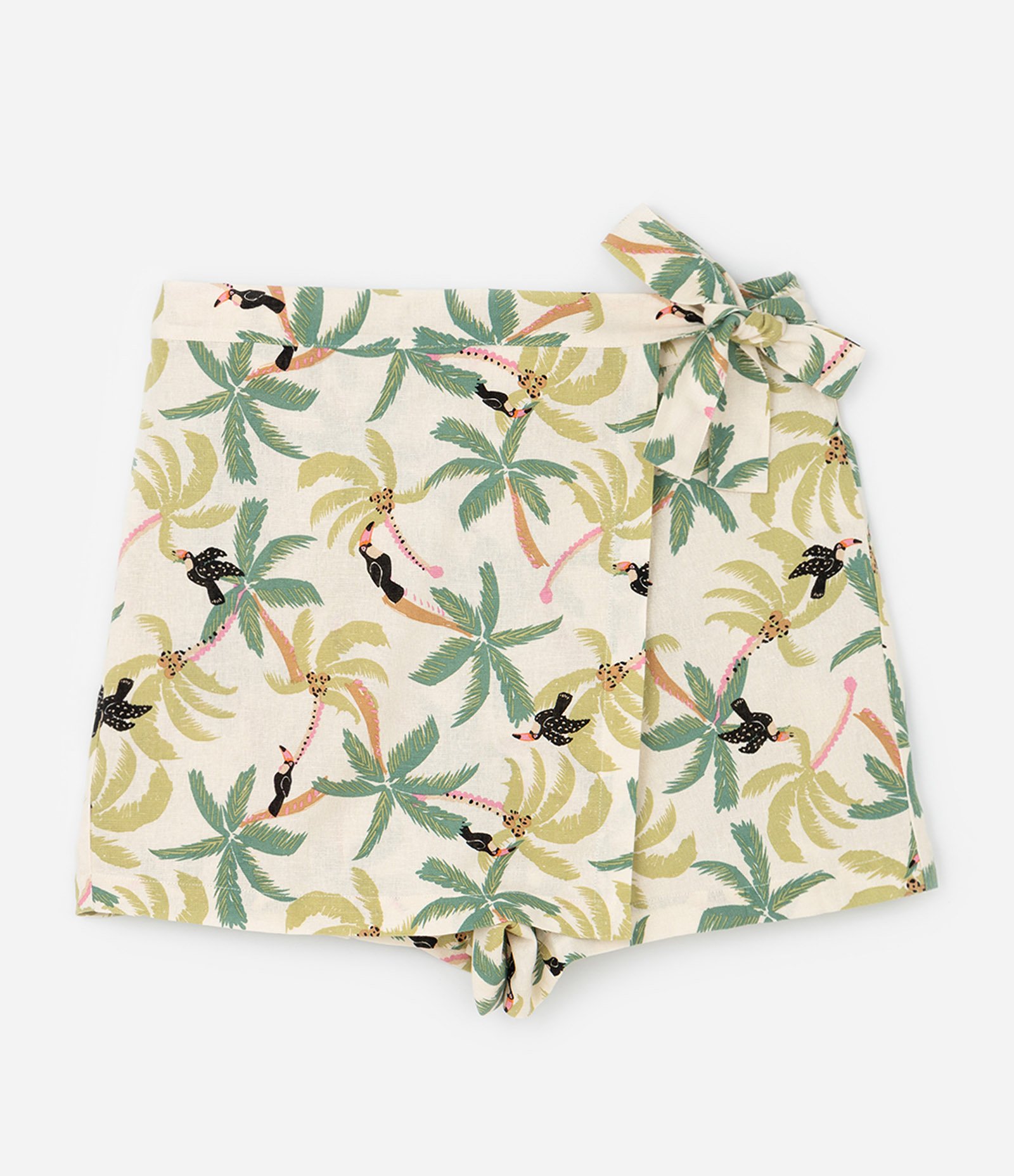 Short Saia em Viscolinho com Transpasse Frontal e Estampa Tropical Curve & Plus Size Bege 5