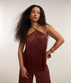 Blusa Curta de Franjas com Decote Halter