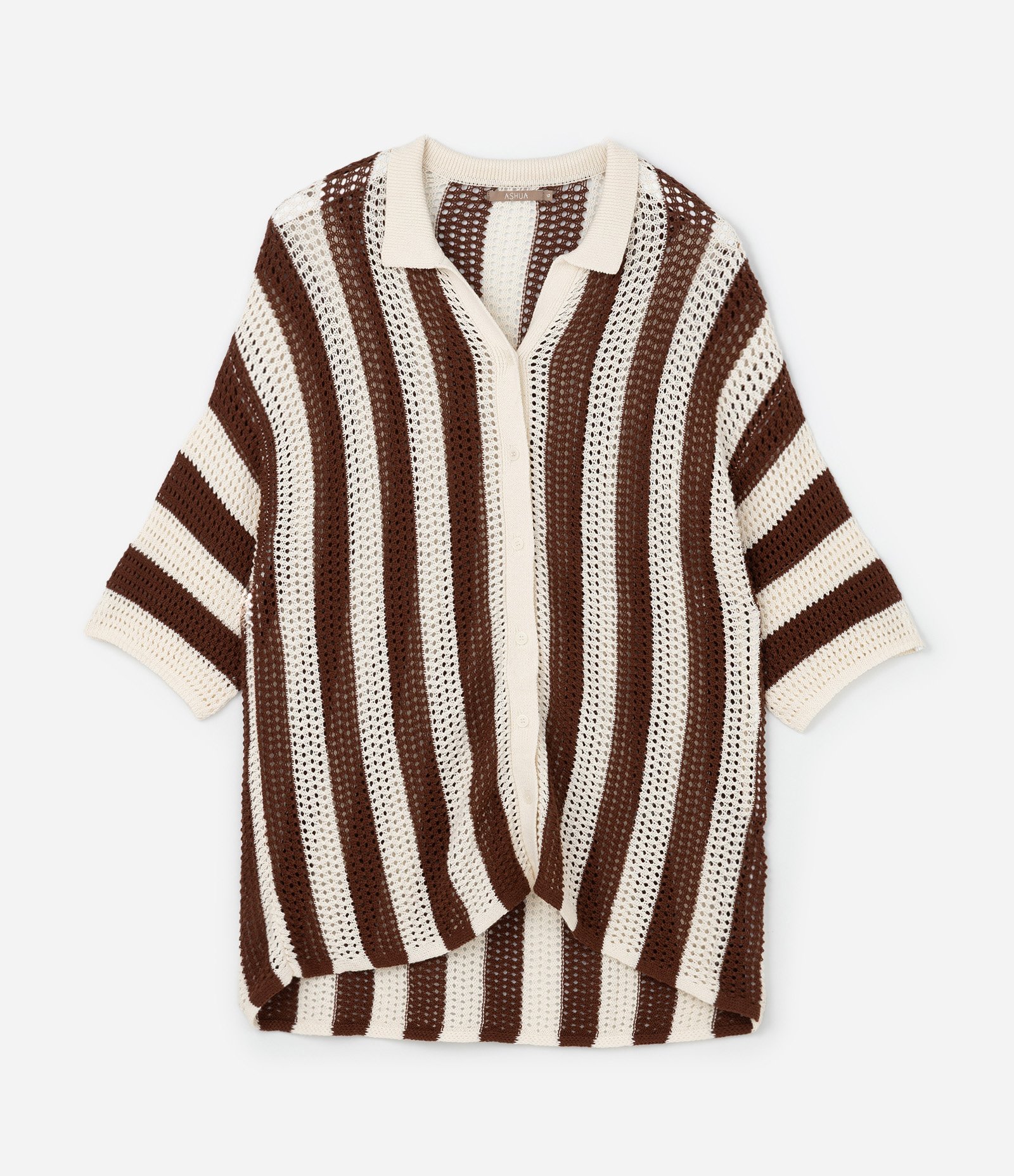 Camisa em Tricô Listrado Curve & Plus Size Marrom/Off White 1